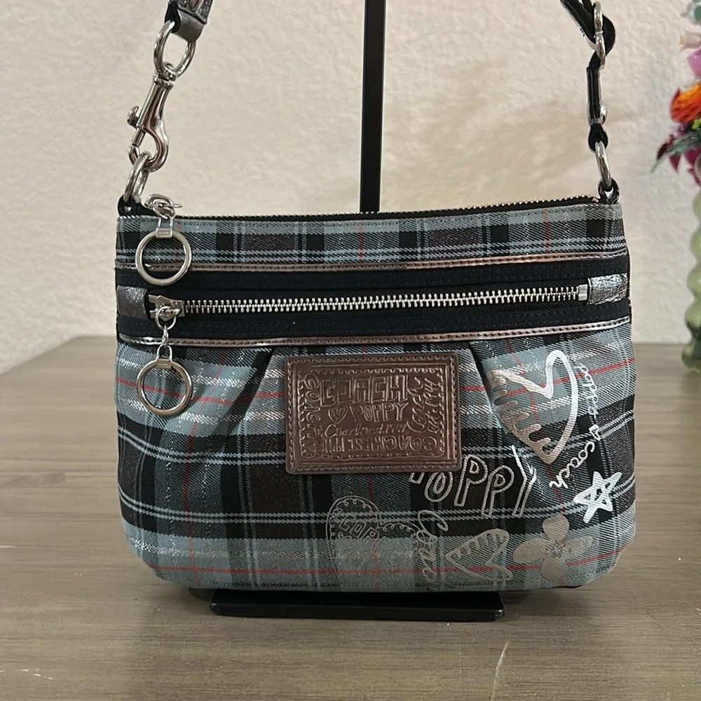 COACH POPPY Blue Plaid Silver Metallic Graffiti Purse Vintage - Picture 2 of 12